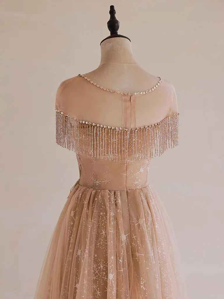A-Line Lace Champagne Long Prom Dress, Champagne Lace Long Formal Dress MD7170