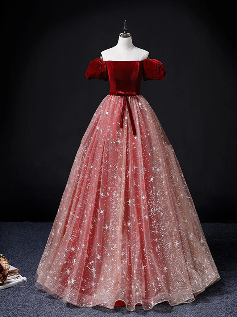 Burgundy/Pink Tulle Velvet Long Prom Dress, Burgundy Formal Dress MD7168
