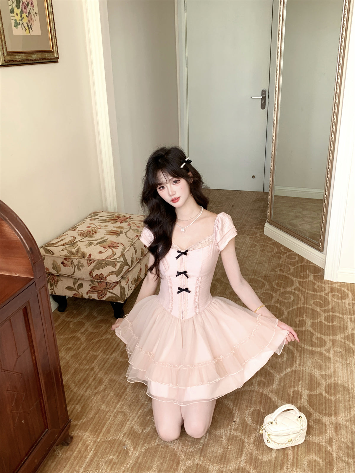 Cute Suqare Neckline Lace Tiered Draped Short Prom Dress Homecoming Dress with Bowknot D1754