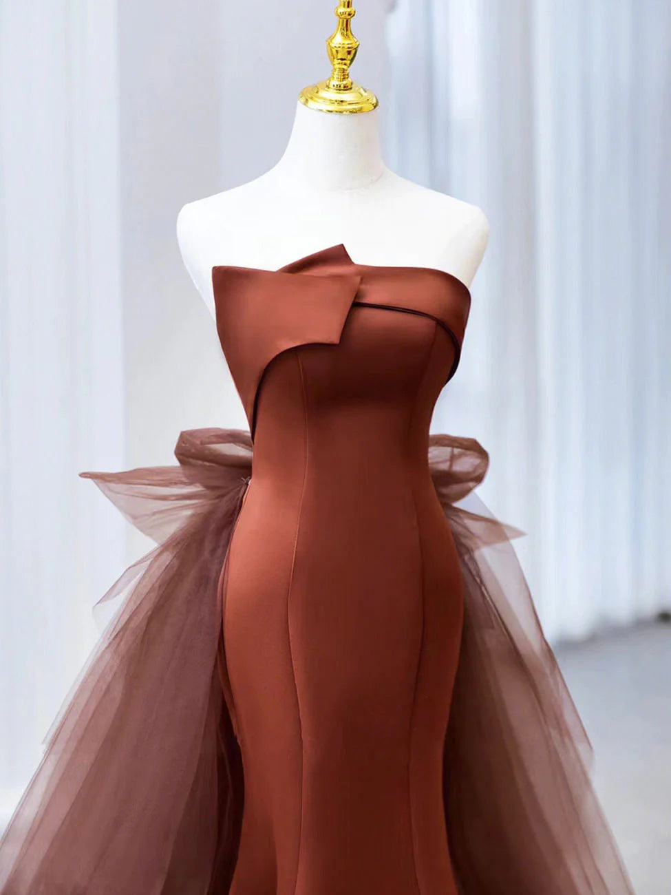 Brown Mermaid Satin Tulle Long Prom Dress, Brown Long Evening Dress MD7164