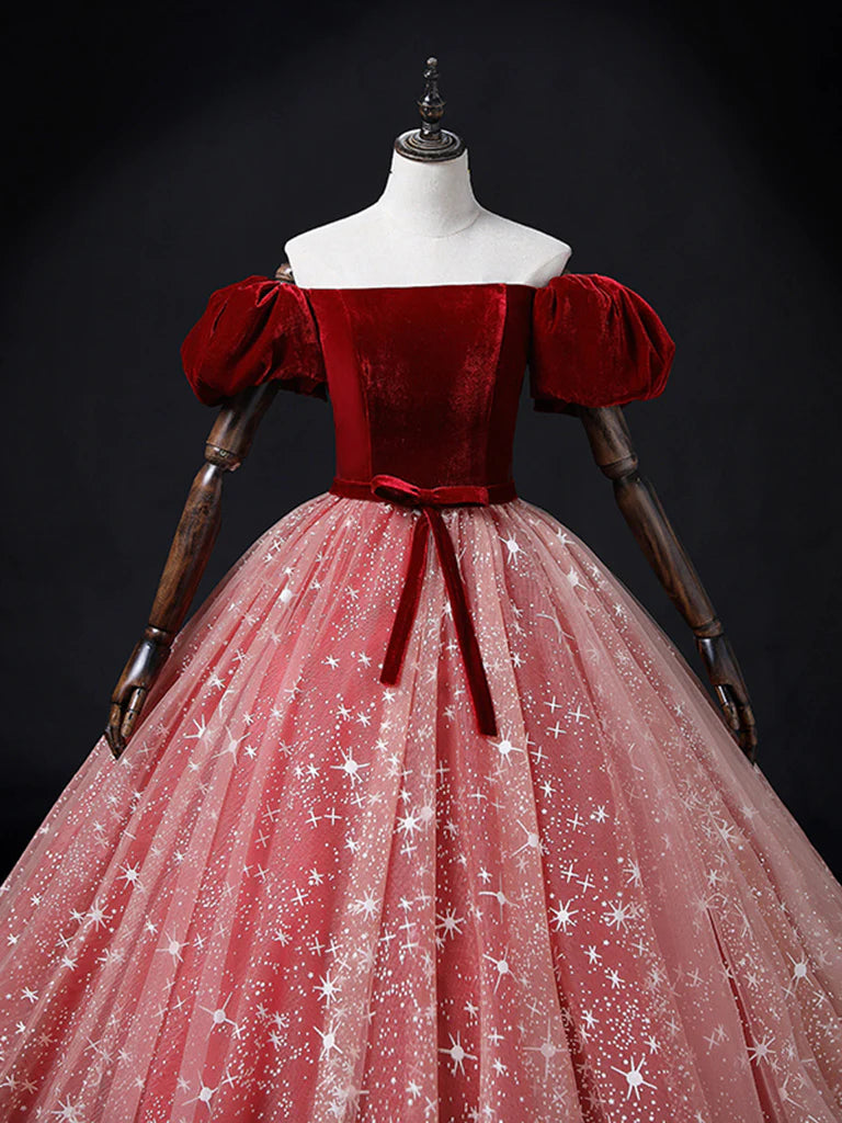 Burgundy/Pink Tulle Velvet Long Prom Dress, Burgundy Formal Dress MD7168