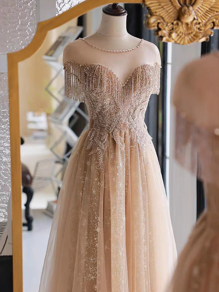 A-Line Lace Champagne Long Prom Dress, Champagne Lace Long Formal Dress MD7170
