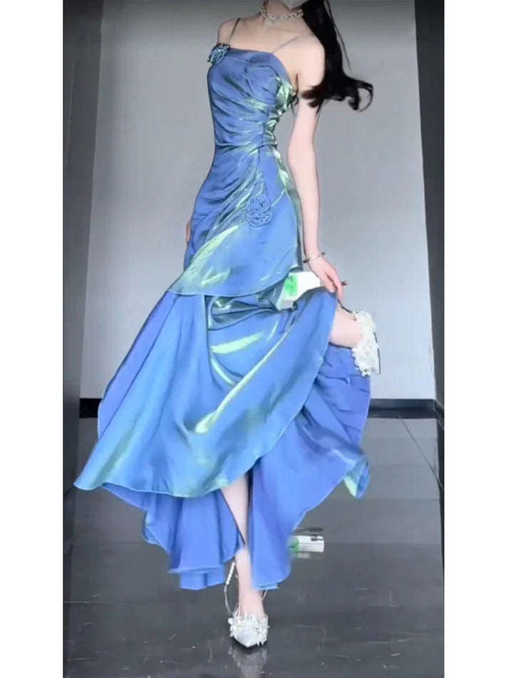 Vintage Blue Spaghetti Strap Ruffle Design Elegant A-line Satin Evening Dress Prom Dress D1597