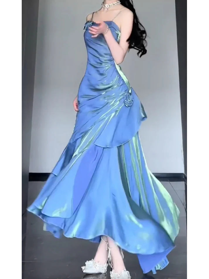 Vintage Blue Spaghetti Strap Ruffle Design Elegant A-line Satin Evening Dress Prom Dress D1597