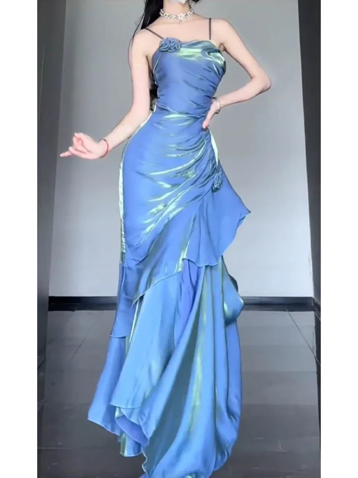 Vintage Blue Spaghetti Strap Ruffle Design Elegant A-line Satin Evening Dress Prom Dress D1597