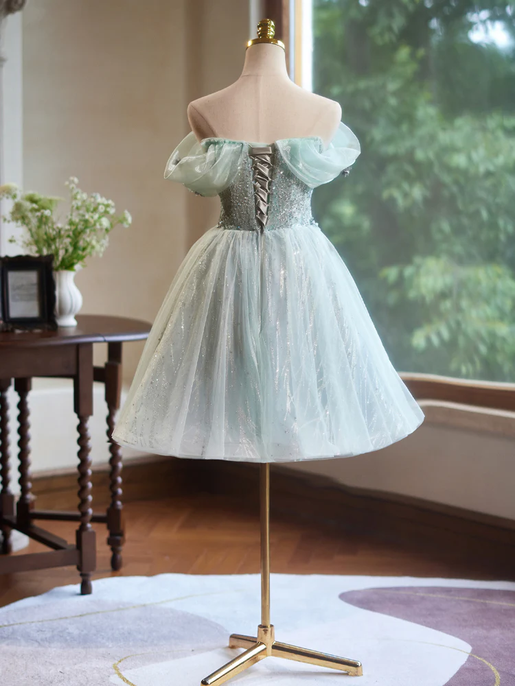 A-Line Off Shoulder Tulle Short Prom Dress, Green Homecoming Dress MD7232