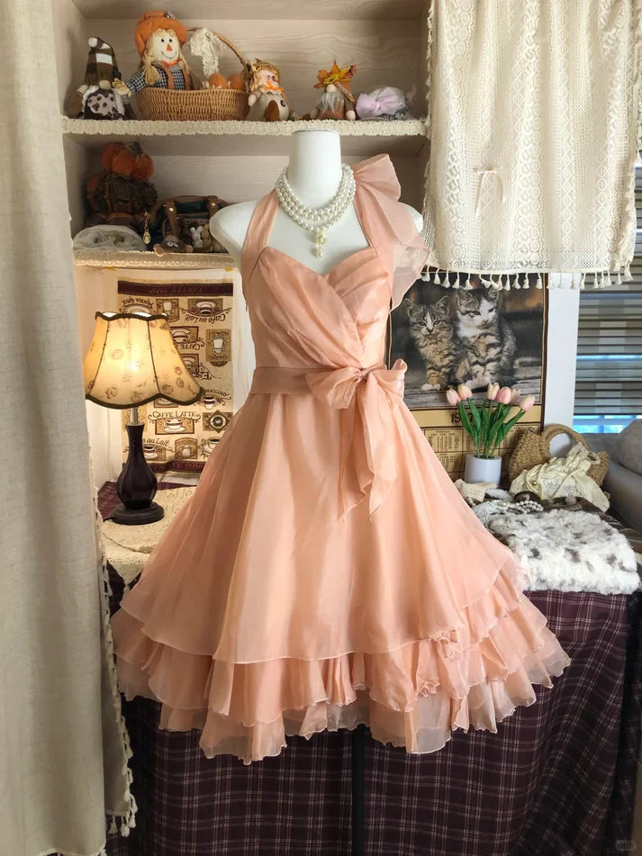 Vintage Champagne Sweetheart Halter Dress Design A-line Chiffon Party Dress Homecoming Dress D1565