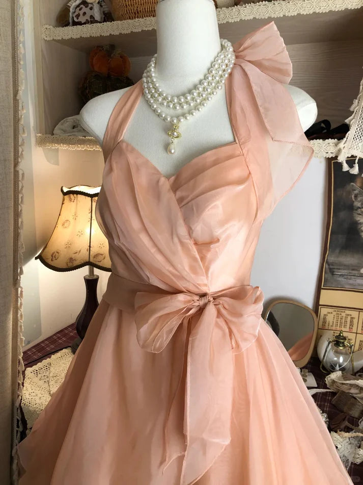 Vintage Champagne Sweetheart Halter Dress Design A-line Chiffon Party Dress Homecoming Dress D1565