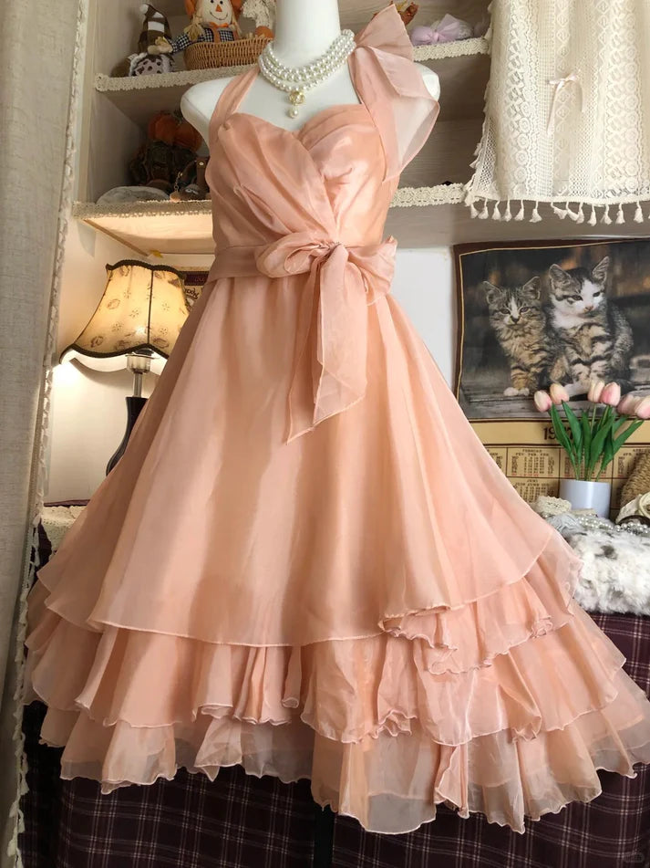Vintage Champagne Sweetheart Halter Dress Design A-line Chiffon Party Dress Homecoming Dress D1565