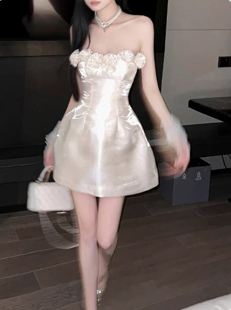 Retro Beige Sequin 3D Floral Strapless Design A-line Party Dress Homecoming Dress D1561
