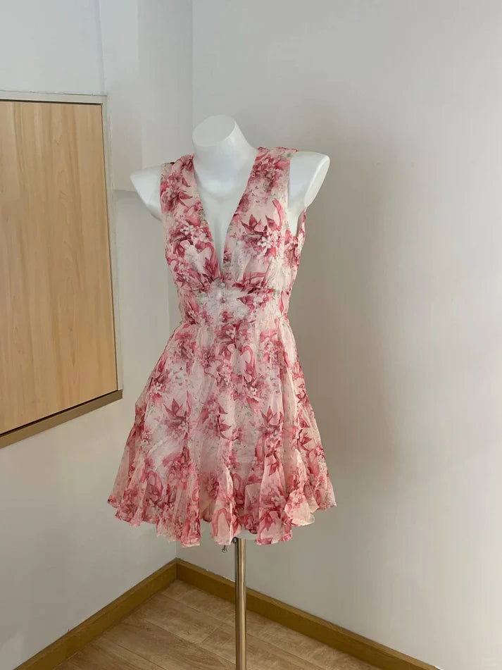 Cute Pink Floral Backless Design A-line Party Dress Homecoming Dress D1562