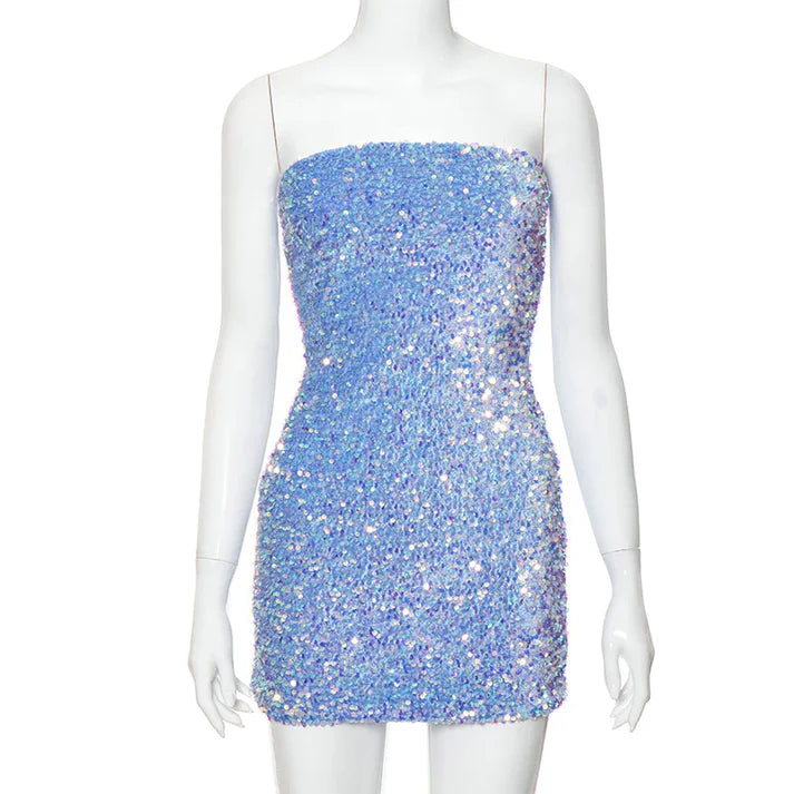 Retro Sparkling Blue Strapless Sequin Design Bodycon Party Dress Homecoming Dress D1563