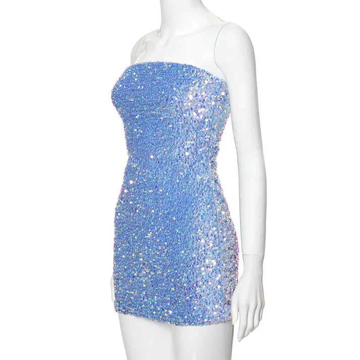 Retro Sparkling Blue Strapless Sequin Design Bodycon Party Dress Homecoming Dress D1563