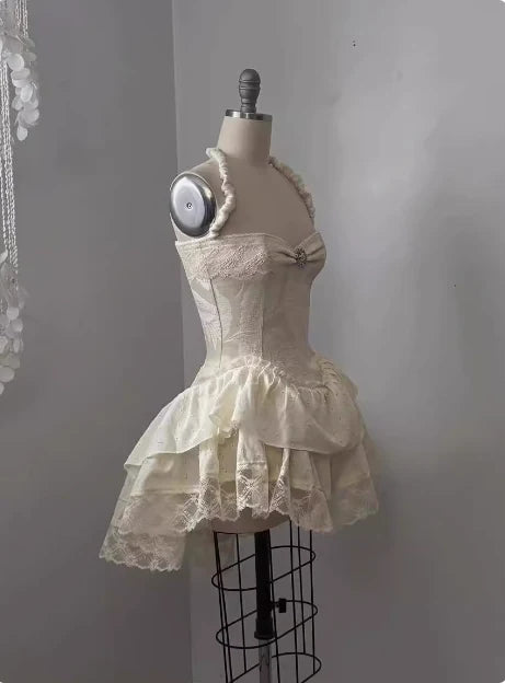 Vintage Beige Sweetheart Applique A-Line Elegant Tiered Homecoming Dress Party Dress Prom Dresses D1618