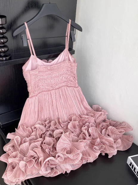 Cute Pink Spaghetti Strap Ruffle Design A-Line Homecoming Dress Party Dress Prom Dresses D1619