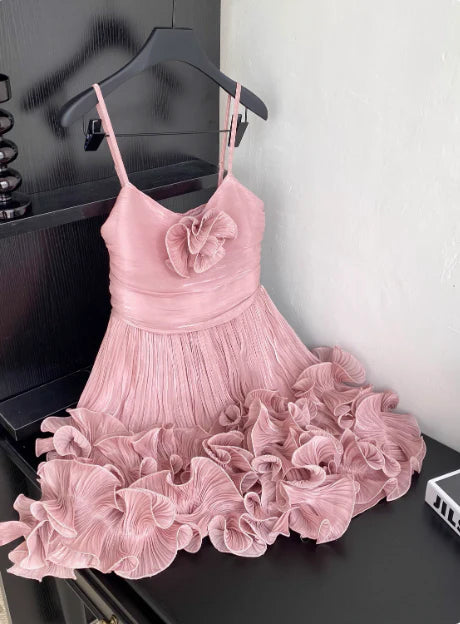 Cute Pink Spaghetti Strap Ruffle Design A-Line Homecoming Dress Party Dress Prom Dresses D1619