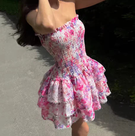 Cute Floral Strapless Design A-line Tiered Party Dress Homecoming Dress D1560