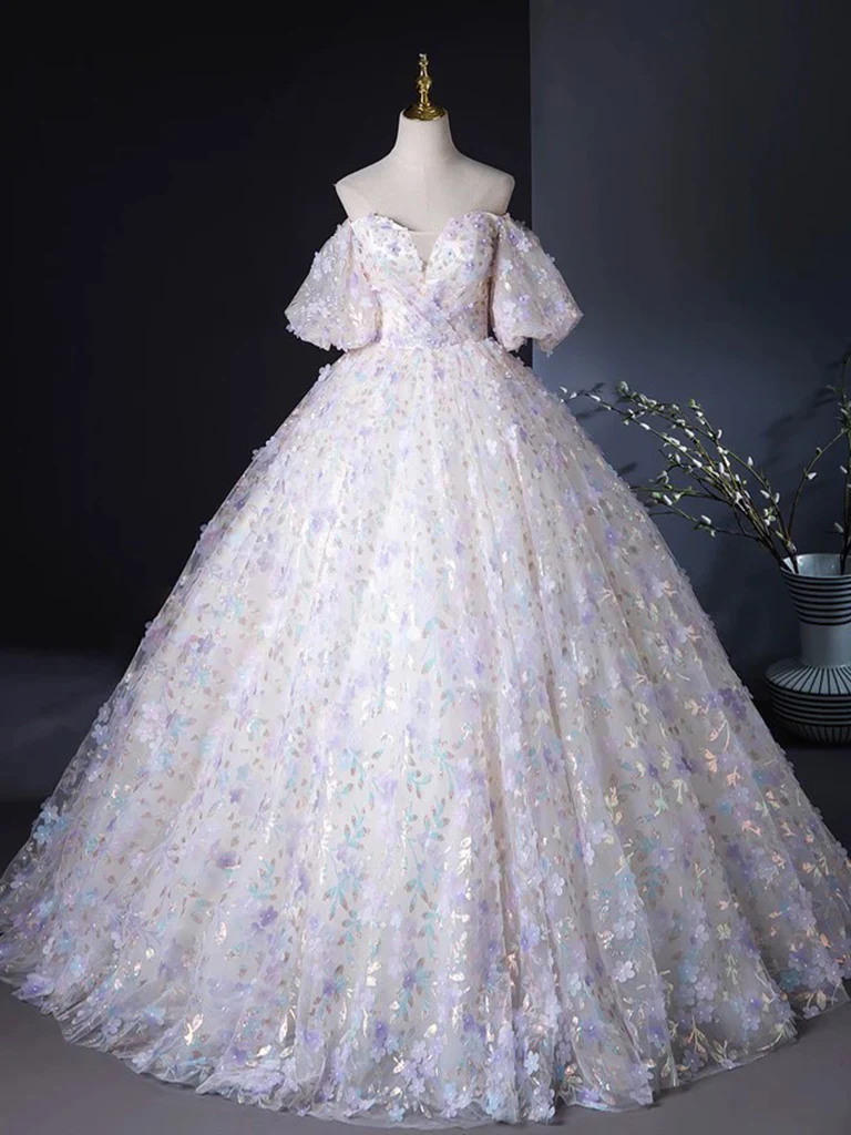 A-Line Puff Sleeves Sweetheart Neck Tulle Lace Light Purple Long Prom Dress MD7229