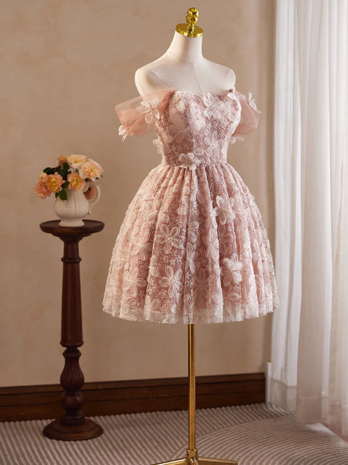 Vintage Pink 3D Flower Design A-line Off-the-shoulder Homecoming Dress , D1358