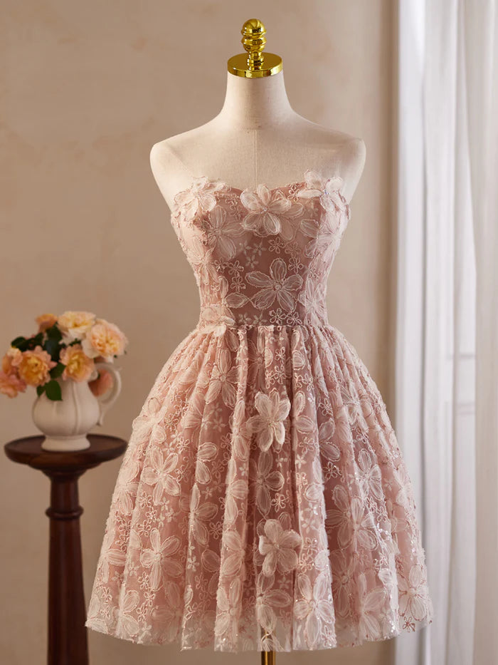 Vintage Pink 3D Flower Design A-line Off-the-shoulder Homecoming Dress , D1358