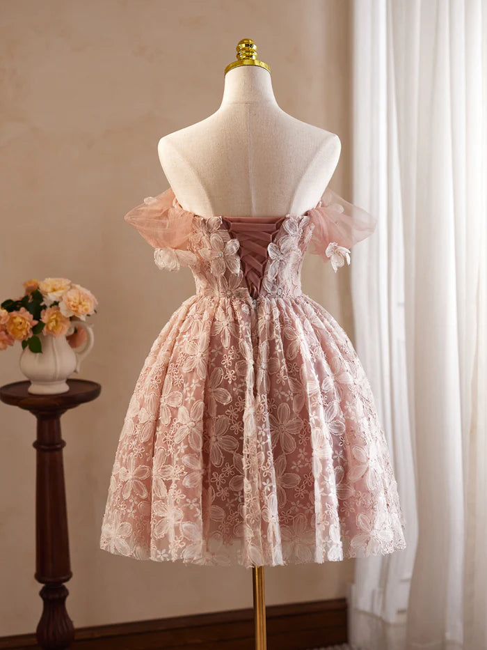 Vintage Pink 3D Flower Design A-line Off-the-shoulder Homecoming Dress , D1358