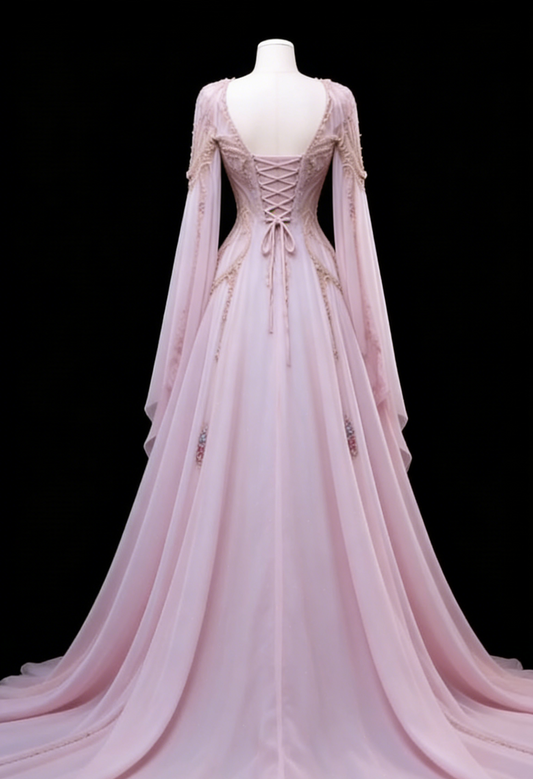 Robe de bal longue élégante rose à manches longues et coupe trapèze, D59