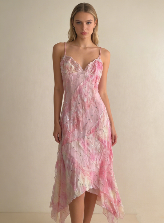Pink Straps Sequins Lace Sheath Chiffon Long Party Dress Birthday Dress, D579