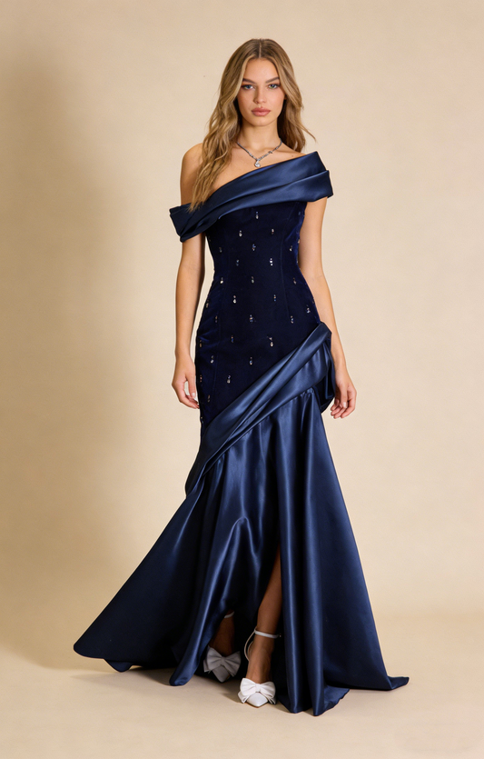 Pretty Mermaid One Shoulder Navy Blue Satin Long Party Dress Prom Dresses, D263