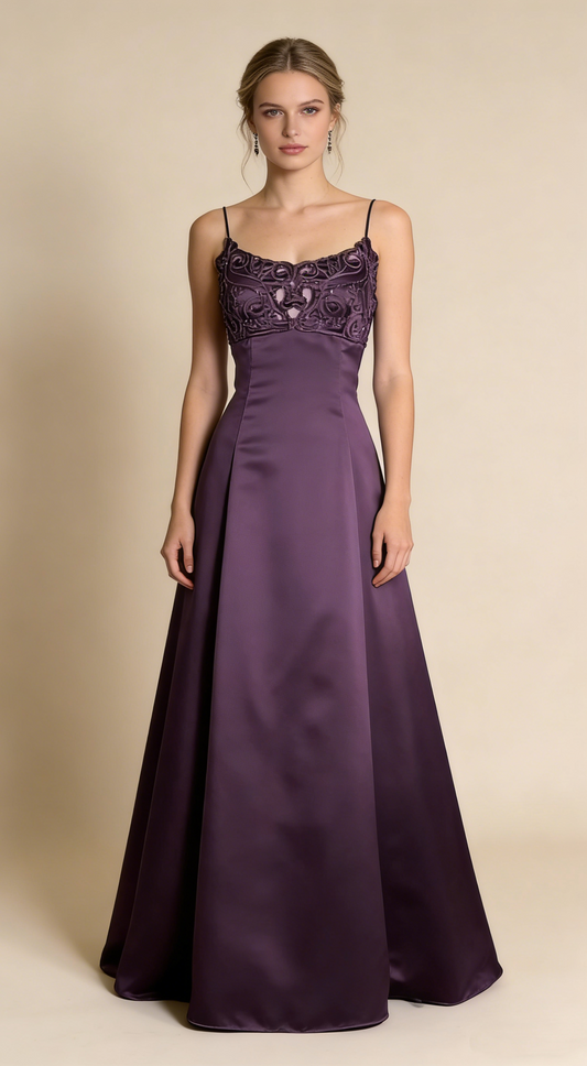 Purple Straps A-Line Beading Satin Long Party Dress Vintage Evening Dress, D490