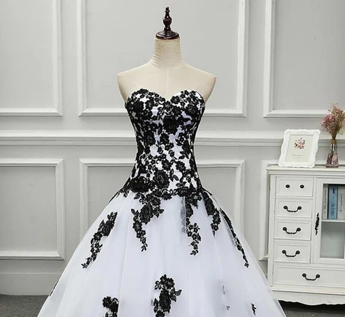 Strapless Beautiful White and Black Long Prom Dress Ball Gown Wedding Dress MD7176