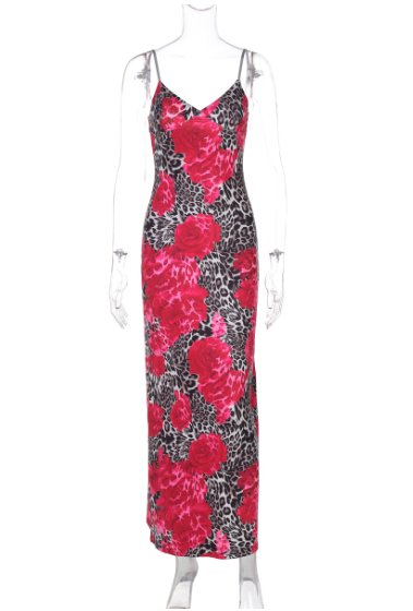 Fashion Spaghetti Straps Blue Rose Leopard Print Sheath Seaside Vacation Dress Summer Dress D1815