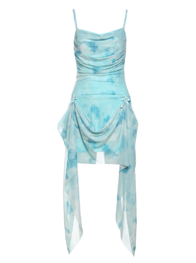 Cute Spaghetti Straps Priting Pleated Slim Waist Summer Seaside Dress Party Dress Women Dress D1835