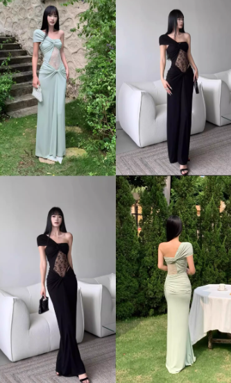 Sexy Seaside Holiday One Shoulder Pleated Lace Niche French Maxi Dress Women Dress Summer Dating Dress D1847