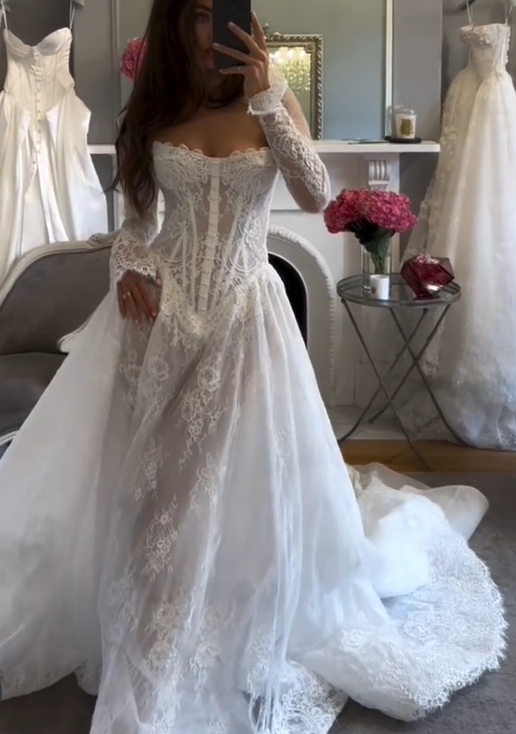 Elegantes Langes Ärmel Weißes A-Linien-Spitzen-Brautkleid, Brautkleid, D954