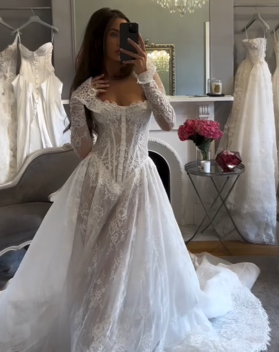 Elegantes Langes Ärmel Weißes A-Linien-Spitzen-Brautkleid, Brautkleid, D954