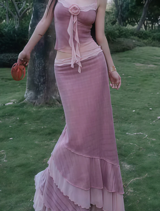 Robe de soirée longue sirène en mousseline de soie rose poudré deux pièces, robe d'invitée de mariage, D1025