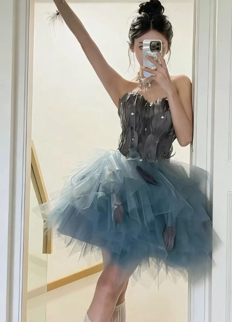 Pretty Homecoming Dress Sweetheart Tulle Beaded Draped Short Prom Dress Back to School Outfits Party Dress D6076