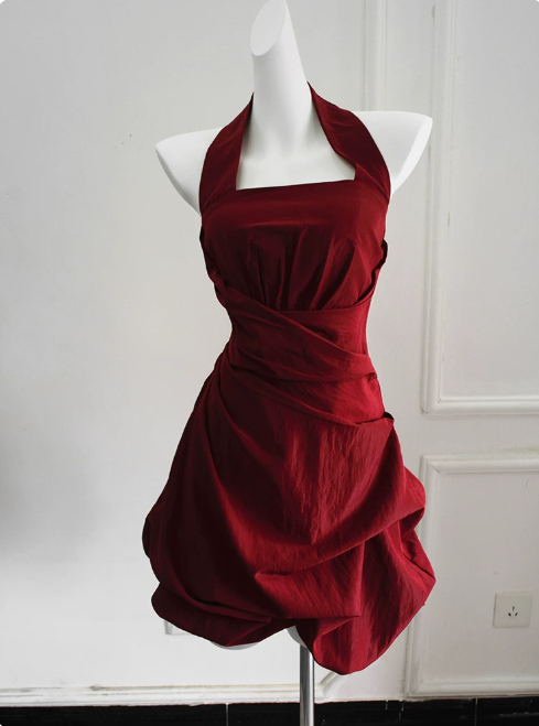 Pretty Homecoming Dress Halter Fold Prom Dress Back to School Outfits Party Dress D6151