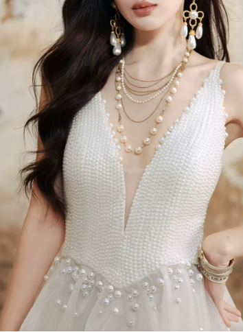 Pretty Homecoming Dress V Neck Tulle Pearl Prom Dress Back to School Outfits Party Dress D6159