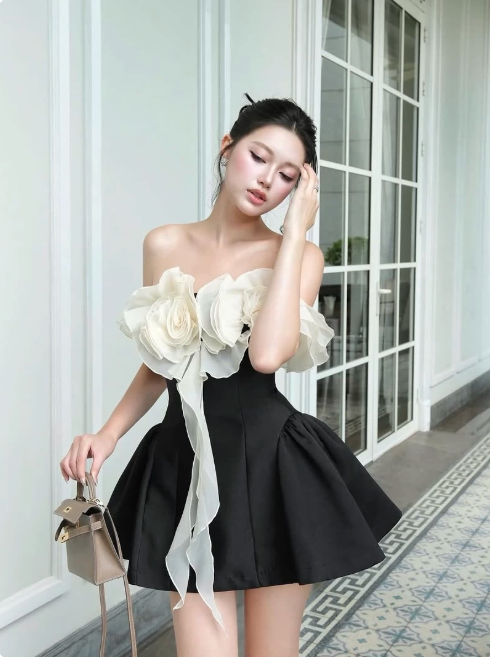 Charming Homecoming Dress Strapless Flower Prom Dress Back to School Outfits Party Dress D6197
