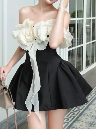 Charming Homecoming Dress Strapless Flower Prom Dress Back to School Outfits Party Dress D6197