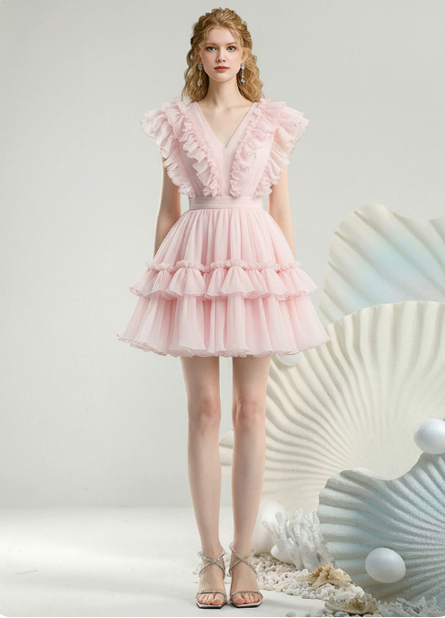 Sweet Homecoming Dress V Neck Lace Cascade Prom Dress Back to School Outfits Party Dress D6239