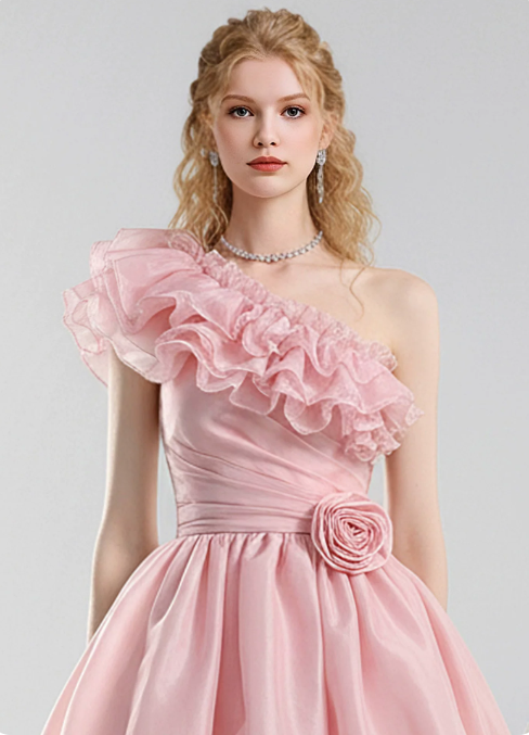 Charming Homecoming Dress One Shoulder Flouncing Flower Pleated Prom Dress Back to School Outfits Party Dress D6246
