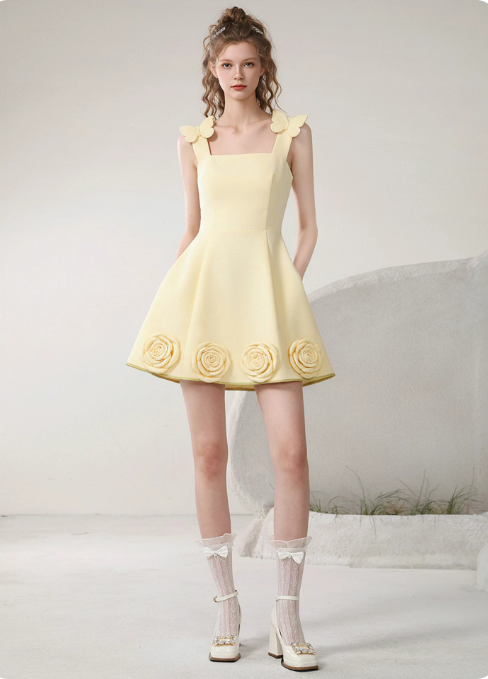 Sweet Homecoming Dress Square Butterfly Flower Prom Dress Back to School Outfits Party Dress D6249