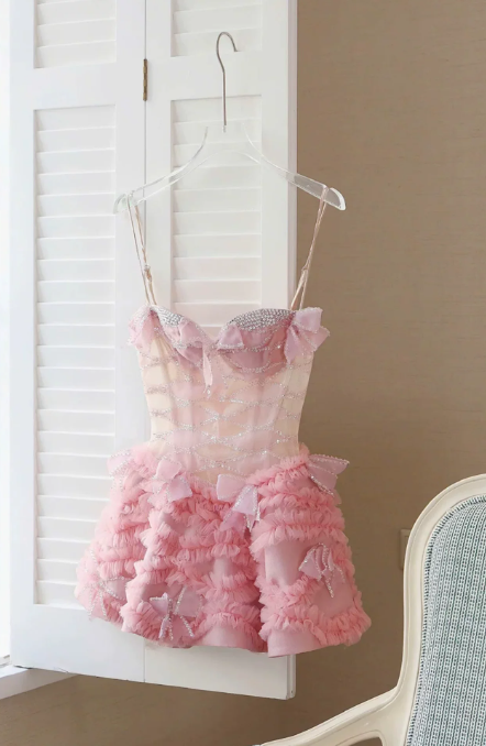 Sweet Homecoming Dress Spaghetti Strap Tulle Bowknot Rinestone Prom Dress Back to School Outfits Party Dress D6269