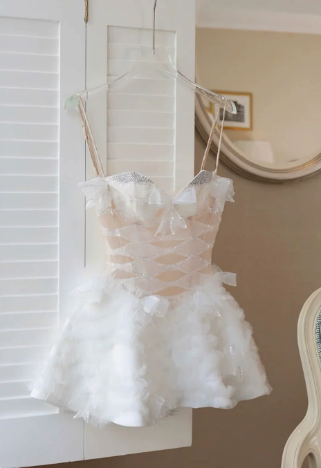 Sweet Homecoming Dress Spaghetti Strap Tulle Bowknot Rinestone Prom Dress Back to School Outfits Party Dress D6269