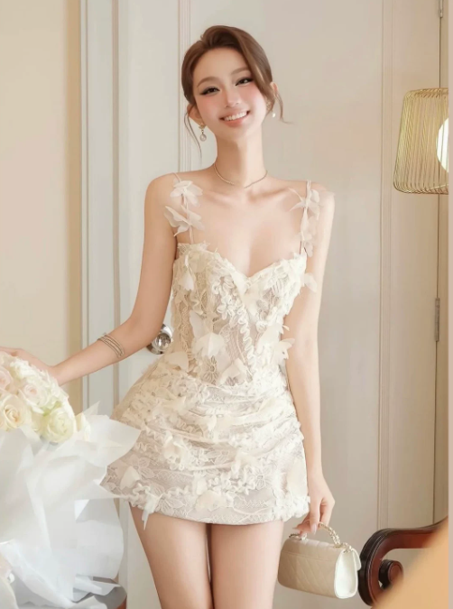 Charming Homecoming Dress Spaghetti Strap Flower Lace Prom Dress Back to School Outfits Party Dress D6305