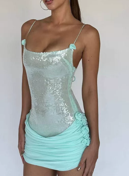 Shiny Homecoming Dress Spaghetti Strap Sequins Tulle Flower Prom Dress Back to School Outfits Party Dress D6311
