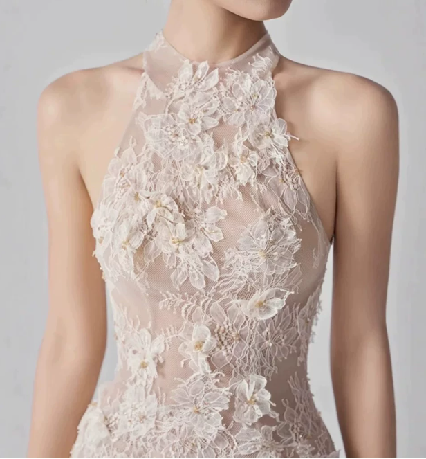 Elegant Homecoming Dress Halter Lace Applique Dress Back to School Outfits Party Dress D6328
