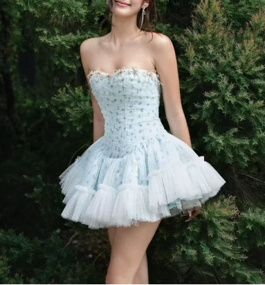New Homecoming Dress Strapless Flower Lace Dress Back to School Outfits Party Dress D6339
